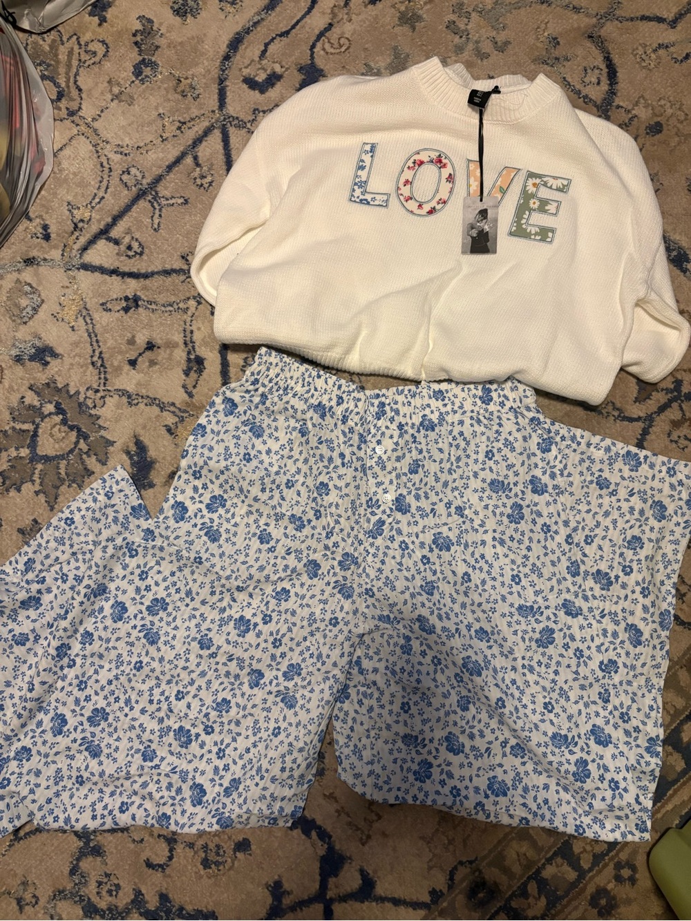 Sincerly Jules Cream 'LOVE' Sweater with Blue Floral pants Set